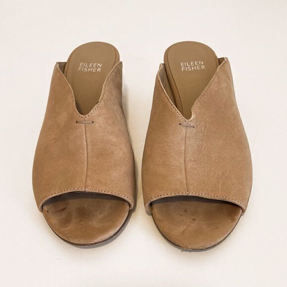 Eileen Fisher Katniss Tan Nubuck Leather Block Heel Slide Sandals - Picture 3 of 6